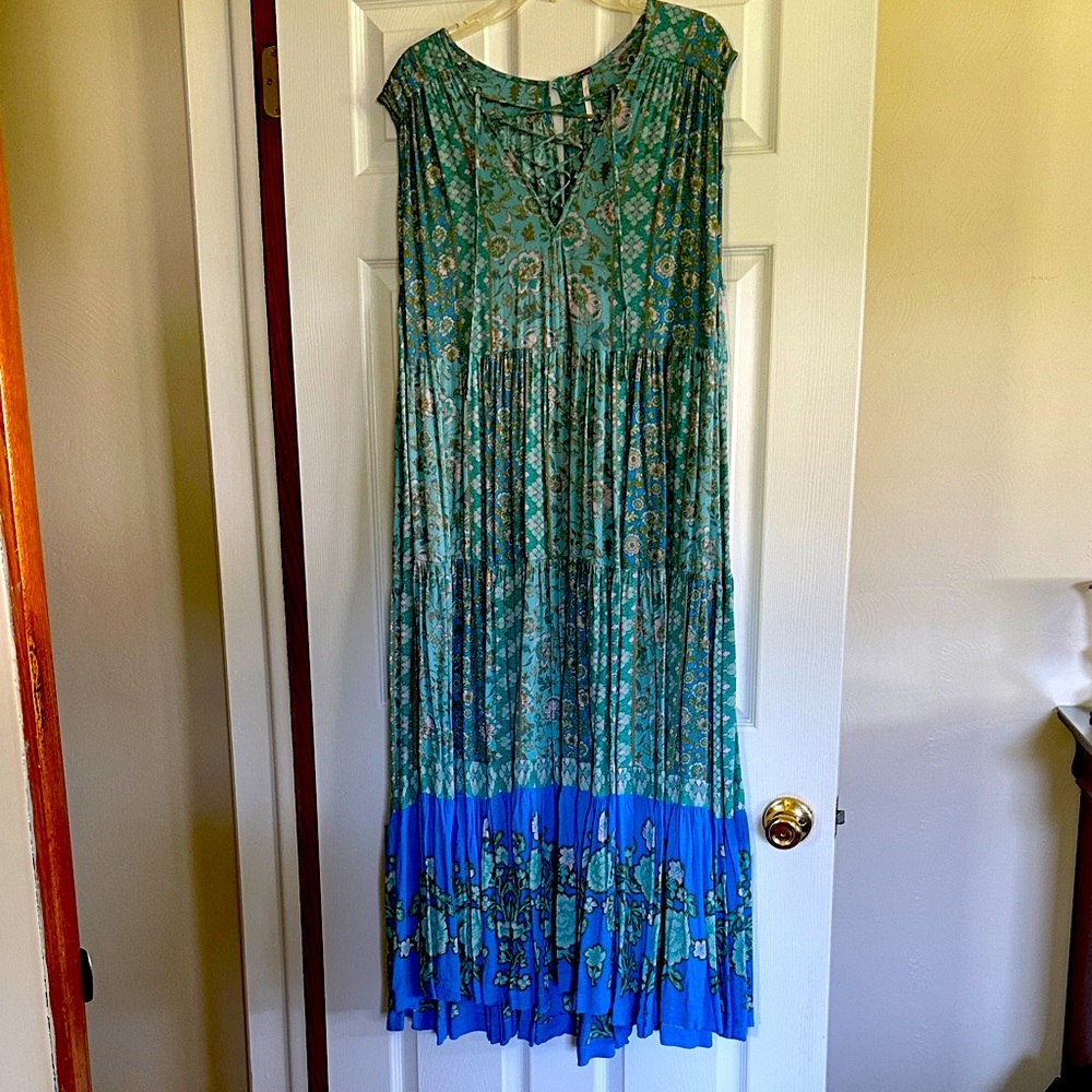 Free People Floral Green and Blue Maxi Dress. EUC